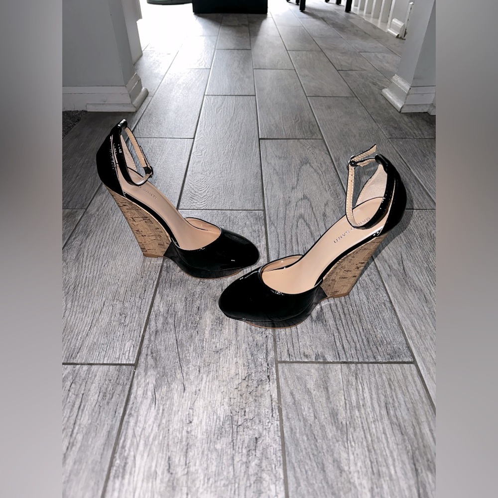 Black Patent Leather Ankle Strap Wedge Heels